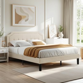 VECELO Queen Upholstered Platform Bed Frame with Adjustable Button Stitched Panel Headboard,Strong Wood Slat Support,Velcro Design,Mattress Foundation/Easy Assembly,Beige