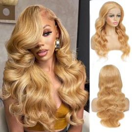 Fugool Honey Blonde Wig Human Hair 13x6 Body Wave Hd Lace Front Wigs Human Hair Pre Plucked 27# Honey Blonde Lace Frontal Wig 180% Density Colored Glueless Real Hair Wavy Wigs for Black Women 28 Inch