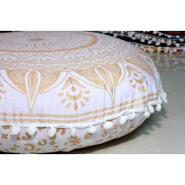 Round Mandala Floor Pillow Cover Seating Cushion Throw Cover Hippie Decorative Bohemian Ottoman Pouf Cover, Pom Pom Pillow Cases,Boho Indian 22 Inches (Gold trishol)