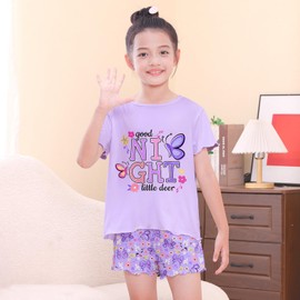 Play Tailor Girls Pajamas for Toddler Ruffled Kids Pajamas Set Short Sleeves Summer Pjs Sleepwear for Girl, Light Purple, 7-8Y