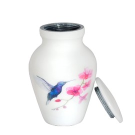 SMARA Small Keepsake Cremation Urn with Velvet Case | Choose From Unique Colors lovely Sharing Mini Metal Token For Human Ashes or Pet. (Keepsake, Hummingbird (White))
