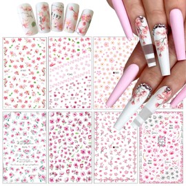 8 Sheets Flower Nail Stickers 3D Self-Adhesive Floral Nail Art Stickers Supplies Pink Flowers Nail Decals Spring Flowers Leaf Nail Design Stickers for Women Girls DIY Manicure Nail Decoration