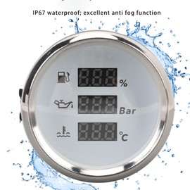 52mm Marine Oil Gauge, Oil Level, Oil Pressure, and Water Temperature 3 in 1 Display with Red Backlight, IP67 Waterproof, Buckle Design, for Yachts RVs Trucks Motorcycles (White