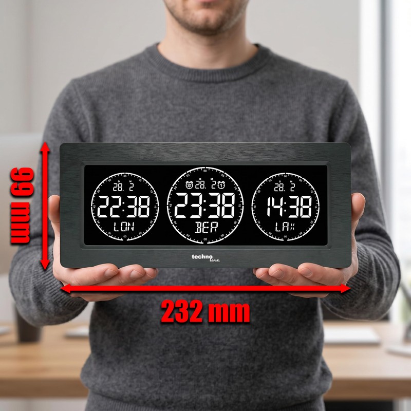 Technoline Digital World Time Clock, 3 Time Displays, Freely Programmable