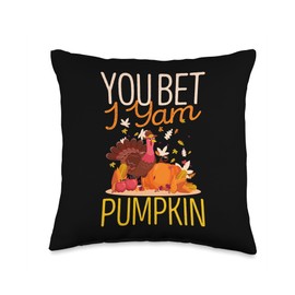 Turkey Meat Thanksgiving Shirt Pilgrim Costume You Bet I Yam Pumpkin Funny Thanksgiving Dinner Turkey Day Throw Pillow, 16x16, Multicolor