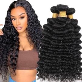 Bafamiya Human Hair Bundles Natural Deep Wave 10 12 14 Inch Bundles Human Hair 100% Unprocessed Soft Sewn In with Double Weft for Black Women