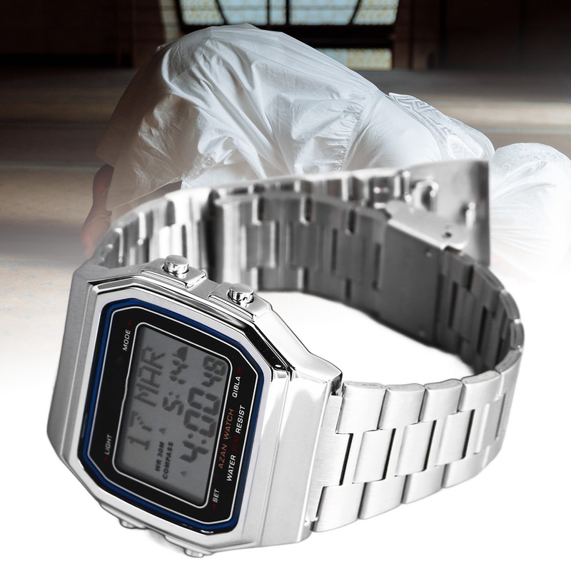 Men Muslim Digital Watch Prayer Reminder Strainless Streel Strap Waterproof