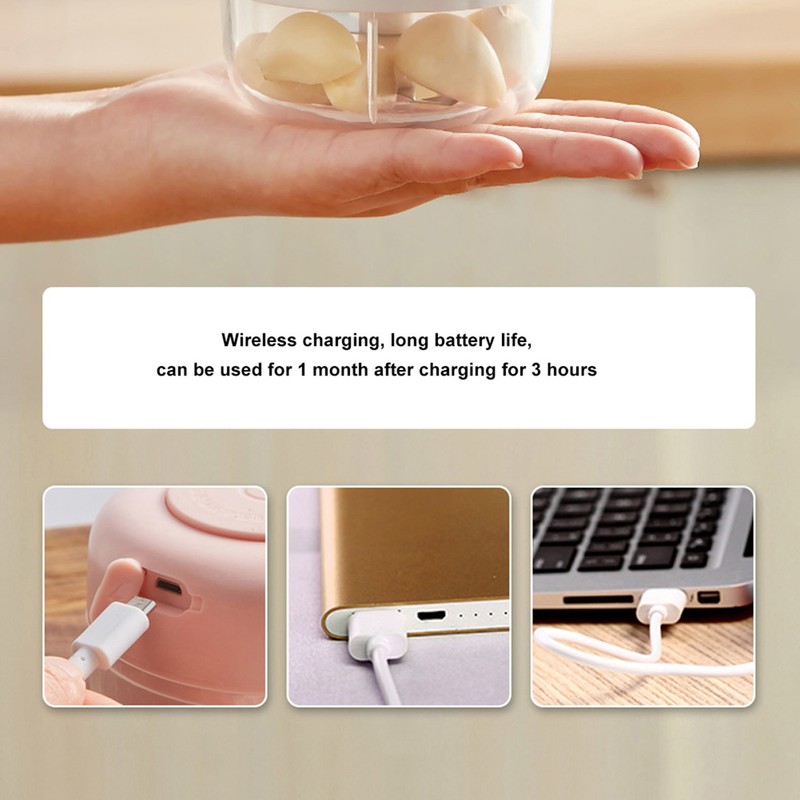 100ML Pink Garlic Grater USB Charging Electric Garlic Crusher Pressing