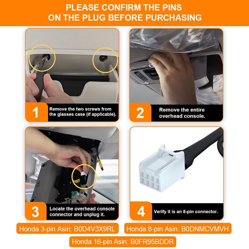 FitDVR Power Adapter (8-Pin) for Honda, Connects to Overhead Console,