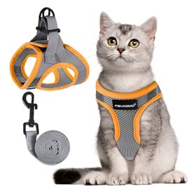 FAYOGOO Cat Harness and Lead Set, Cat Harness for Walking Escape Proof, Adjustable Cat Lead and Harness Set Lifetime Replacement, Easy Control Breathable Cat Leash with Reflective Strip (Grey, L)