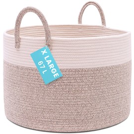 OrganiHaus Large Woven Storage Basket for Blankets and Toys 20" x 13" Inch, Rope Laundry Basket with Handles, Cushions & Pillows Storage Bin, Nursery Hamper, Soft Round Dog Toy Bin - Brown/Off-White