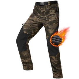 FREE SOLDIER Men's Fleece Lined Outdoor Cargo Hiking Pants Water Repellent Softshell Snow Ski Pants with Zipper Pockets(Camo/Black 34W x 30L)