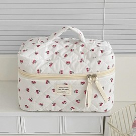 Hemasa Cherry Makeup Bag Women's Cosmetic Bags Fashion Portable Cute Cosmetic Travel Storage Pouch Handbag Cotton Quilted Zipper Purse (Color 1)