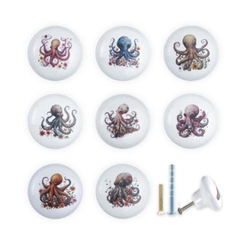 JamJam 1.5" 8PCS Octopus with Flower Cute Unique Under The Sea Ocean Animal Door Kitchen Cabinet Knob Ceramic Dresser Drawer Knobs and Pulls