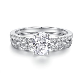 JEYHLOPX Oval Cut Moissanite Gemstone Engagement Ring Set For Women 18K White Gold Plated 925 Sterling Silver Twisted Rope Wedding Gene Shape Ring For Her(S7)