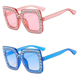 IKANOO Oversized Crystal Sunglasses for Women Square Thick Frame Bling Rhinestone Sparkling Glasses (Pink+Blue)