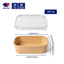 JOLLY CHEF 50 Pack Paper Food Containers with Lids, 19 oz Disposable Meal Prep Containers, Rectangular Paper Bowls with Lids for Lunch