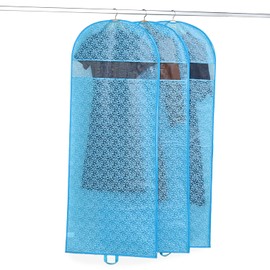 Astro 605-48 Clothing Cover, Light Blue, Botanical Pattern, Long Size, Set of 3, Non-woven Fabric, Clothes Cover, Easy Removal, Side Zipper, Bifold