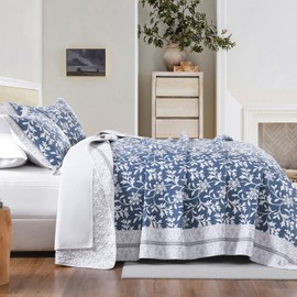 DDUOXIN Farmhouse Botanical King Quilt Set - 100% Cotton Quilts with 2 Pillow Shams, 3 Piece Bedspread Lightweight Bedding Sets for All Seasons, Blue/Gray, King(106" W x 98" L)
