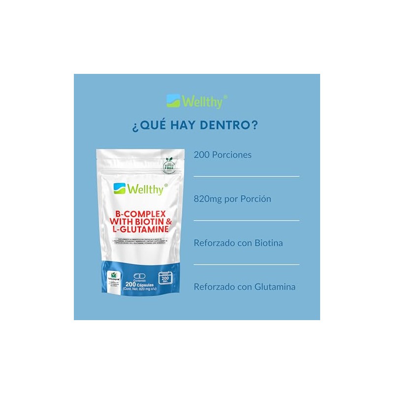 Wellthy Complejo B 200 Cápsulas. Reforzado con Biotina y Glutamina.