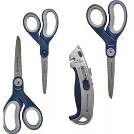 Heavy Duty Scissors and Box Cutter Set, 4 Pieces, 7" and 8" Straight Handles, Titanium Bonded Blades