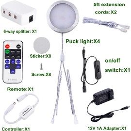 AIBOO Linkable LED Under Cabinet Lights 12V Slim Aluminum Dimmable Puck Lights with RF Remote Control & ETL Listed Power Adapter for Accent Display Lighting (4 Lights,Daylight White)