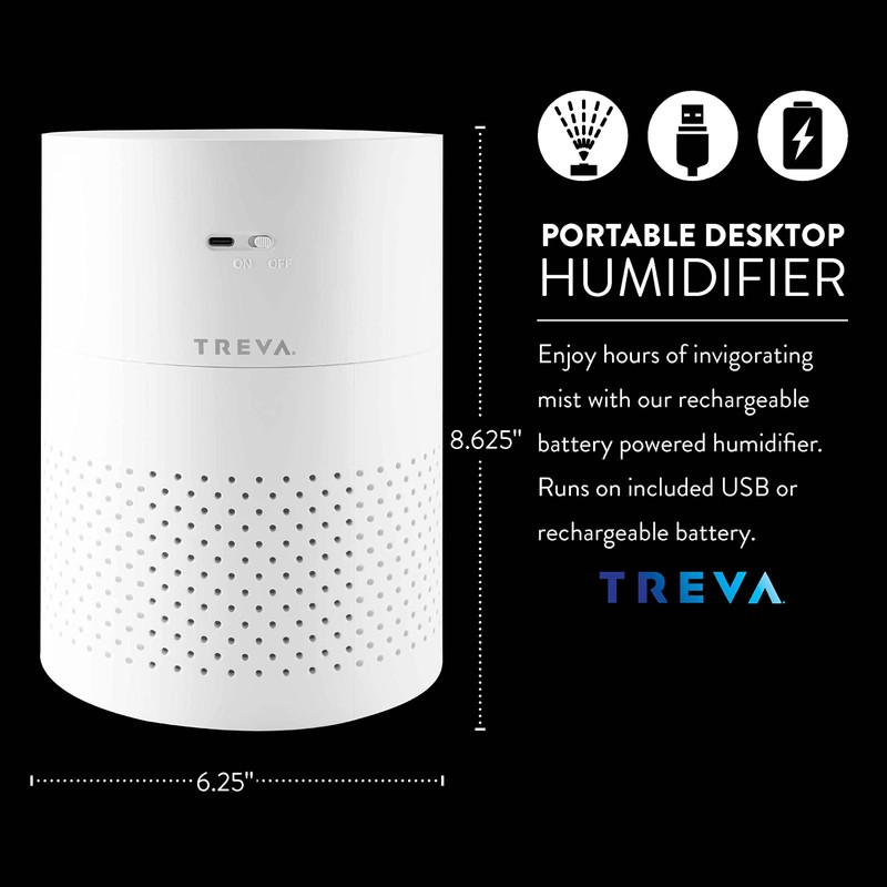 TREVA Portable Cool Mist Humidifier 2 Liter Capacity Rechargeable Battery