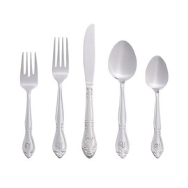 RiverRidge 5417-843-V Rose 46 Piece Monogrammed Flatware Set, Letter V, No size, Silver