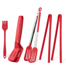 Kitchen Tongs Silicone Set of 5,Stainless Steel Barbecue Cooking Tongs,Red Tongs with Silicone Tip,Grill Tongs for Cooking Barbecue Outdoor Camping