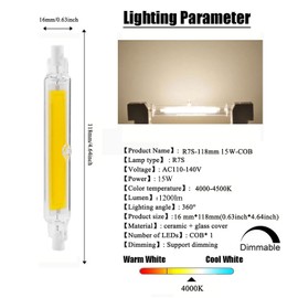 Edearkar R7S 118mm LED Bulb 15W J Type T3 Double Ended LED Dimmable COB Flood Light(150W Halogen Equivalent),118mm J-Type Natural White 4000K, R7S Floodlight, 110-140V, Pack of 4