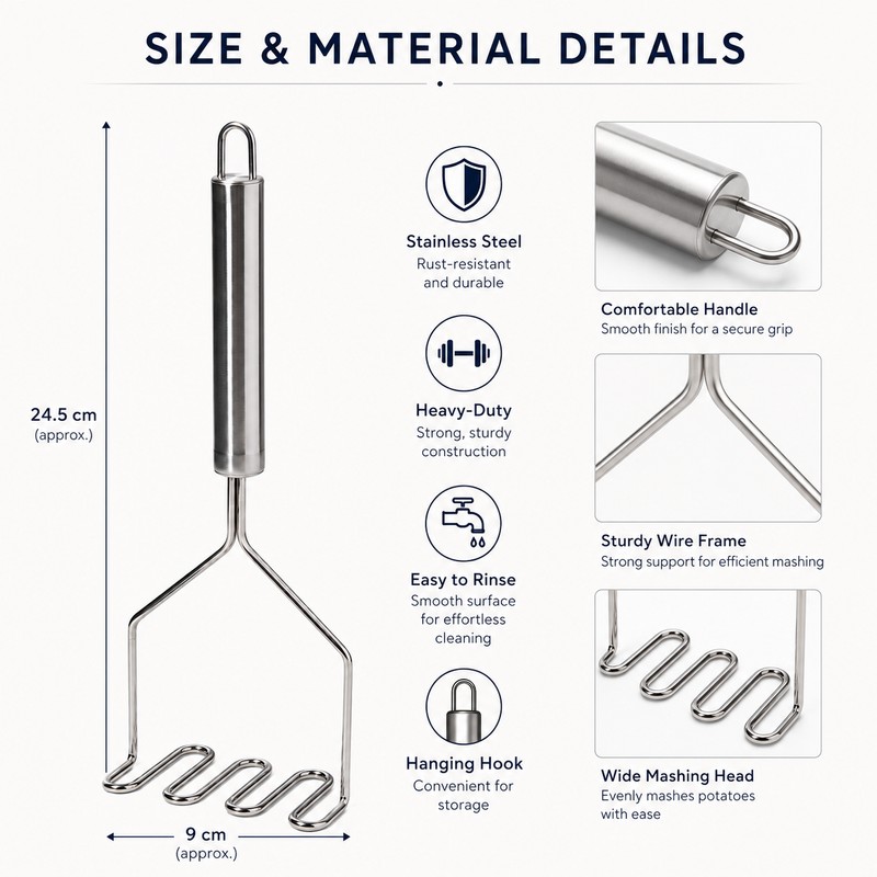 Stainless Steel Potato Masher for Kitchen Prep – Manual Food