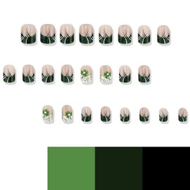 24 Pcs St. Patrick's Day Press on Nails Short Square Fake Nails White Green French Tip False Nails with Shamrock Rhinestones False Nails Design Full Cover Glitter Acrylic Nails for Women Nail Art