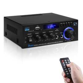AK45 Audio Amplifier Receivers - Bluetooth 5.0 HiFi Stereo Mini Power Amplifier with 40W x 2, 400W (2.0 Channels), RMS 400W, M&I, USB, RCA, FM Radio Microphone Input Jack Digital Wireless Connection Karaoke Noise Plug Remote Smartphone