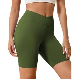 BAYDI Creamlush Crossover Women's Cycling Shorts - 20 cm V High Waisted Yoga Lounge Shorts, Comfortable & Stretchy, olive green