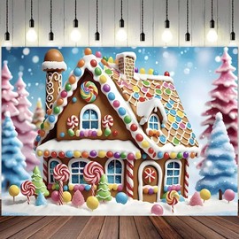 Christmas Gingerbread House Backdrop Winter Merry Xmas Tree Background Glitter Cookie Exchange Candyland Winter Snowflake Background for Kids Newborn Baby Shower Birthday Party Banner (A, 7x5feet)