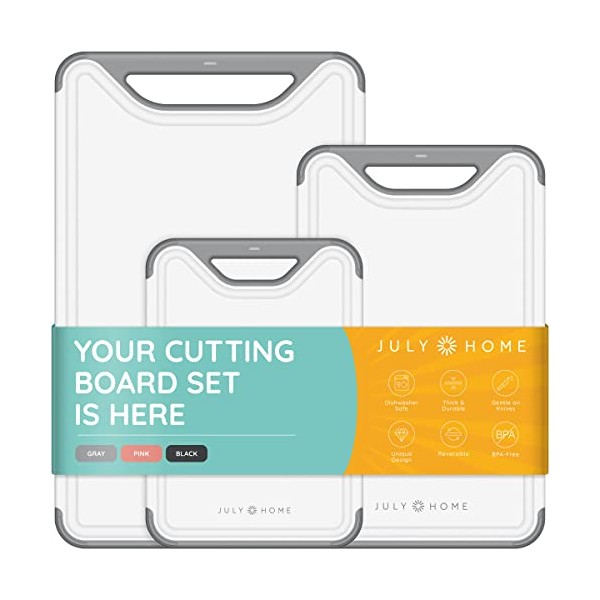 Cutting Boards for Kitchen - Plastic Cutting Board Set of 3, Dishwasher Safe Cutting Boards with Juice Grooves, Thick Chopping Boards for Meat, Veggies, Fruits, Easy Grip Handle, Non-Slip (Gray)