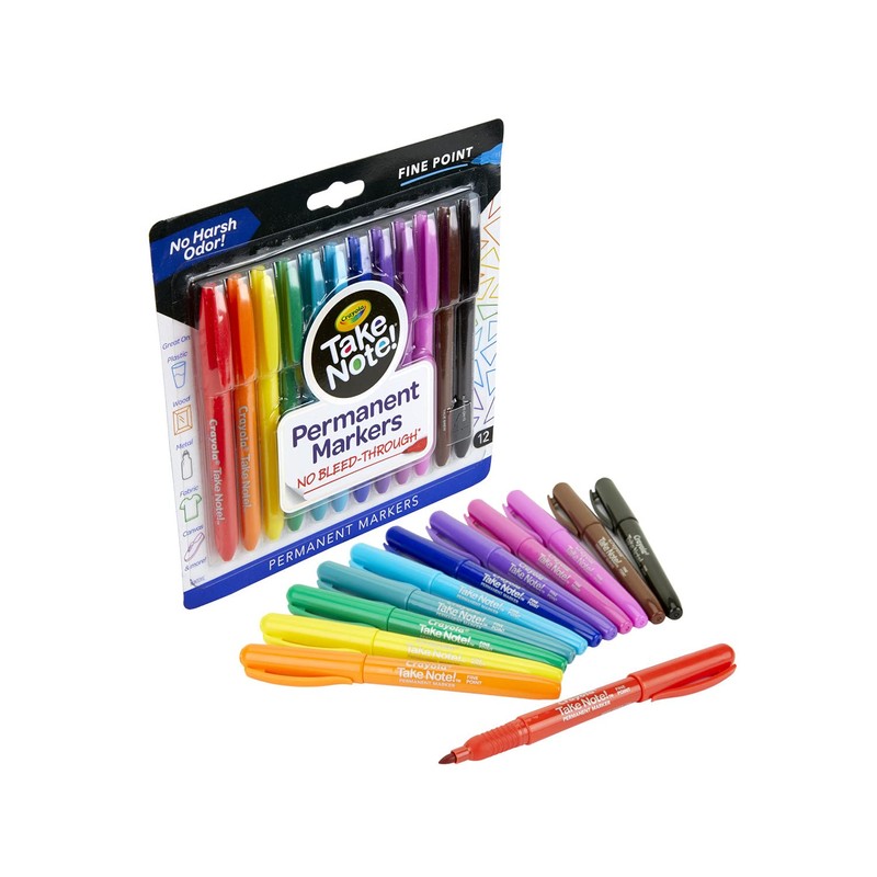 Crayola Take Note Permanent Markers, Fine Point, School Supplies, 12