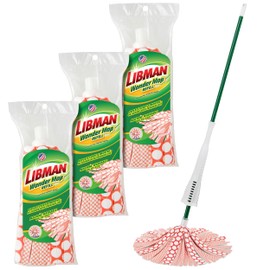 Libman Wonder Mop Plus 3 Refills, Self-Wringing, Absorbent, Microfiber Floor Mop for Household Multi-Surface Cleaning, 3 Machine Washable Replacement Heads