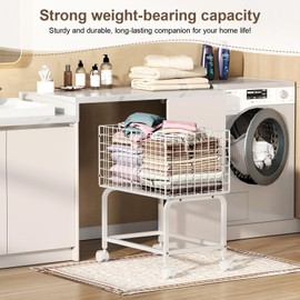 Wire Laundry Hamper Cart,Laundry Hamper Trolley with Pull Handle,White High Laundry Basket Cart for Laundry Room,Bathroom,Bedroom-23.6 * 15.75 * 28inch-White