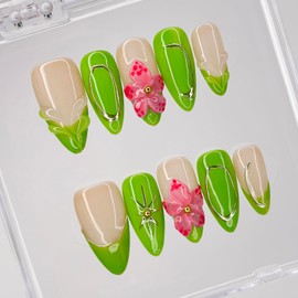 Luxury Press on Nails Medium Almond Handmade 3D Unique Reusable ABS Material Fake Nails Green False Nails with Designs Gold Curve Line Pink Floral Art Petal Glossy Glue on Nails Thick Acrylic Nail(M)
