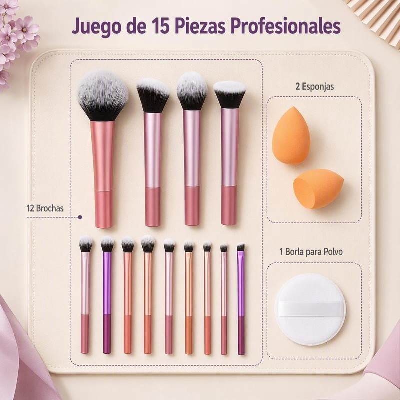 Brochas de Maquillaje Profesional 15 Set,Face Base Set,Maquillaje con Esponja