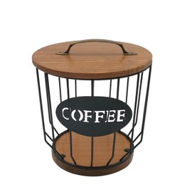 MFBJXC Round Coffee Pods Holder with Wooden Lid and Base,Wire Coffee Pods Storage Basket for Home Cafe Bar Countertop Decor(Black)
