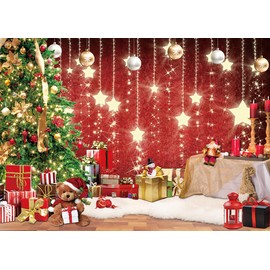 Red Christmas Backdrop Xmas Tree Shining Stars Gold Ball Santa Claus Photo Background Children Adult Holiday Family Christmas Banner New Year Birthday Party Decoration 7x5FT
