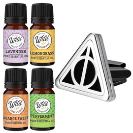 Wild Essentials Potter Hallows Essential Oil Car Vent Diffuser Kit with Lavender, Lemongrass, Peppermint, Orange Oils, Stainless Steel Locket Pendant, 8 Refill Pads, Color Changing Air Freshener