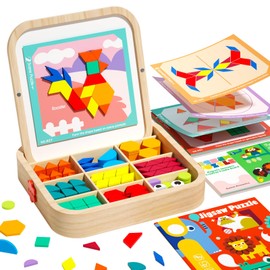 edutree Wooden Magnetic Pattern Blocks Set with Activity Cards, 288 PCS Montessori Puzzle Toys for Toddlers 4-8, STEM Learning Gift for Boys Girls 4 5 6 7 8