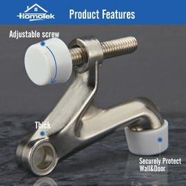 HOMOTEK 1 Pack Hinge Pin Door Stoppers, Hing Door Stops, Adjustable Deluxe Heavy Doorstops for Top of Door, Door Hinge Stoppers with White Rubber Bumper Tips,Satin Nickel
