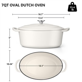 TeamFar 7QT Oval Dutch Oven, Enameled Cast Iron Dutch Oven Pot with Lid, For Bread Baking/Stewing/Braising/Frying, Suitable for Various Stoves, Non-stick & Easy Clean, White
