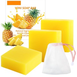 Bgtecho 3 Pcs Yoni Soap Bar, Feminine Wash with Foaming Net, Yoni Wash For Women ph Balance, Natural Ingredients Vaginal Care Soap Bars, Eliminates Odor, Pineapple, 3.53 oz