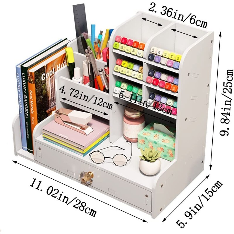 Upgraded Desktop Stationary Organizer with Drawer, DIY White Pencil Holder