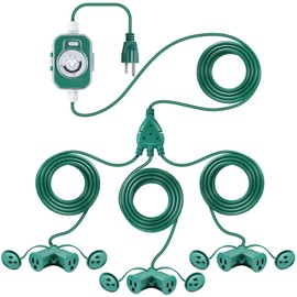 20 Ft Extension Cord Outdoor with Outlet Timer, 1 to 3 Splitter Extension Cord with Multiple Outlets 16/3 SJTW Green Split Extension Cable with Weatherproof Covers for Holiday Christmas Lights